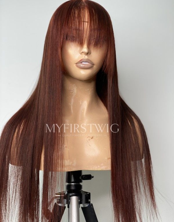 16-20 Inch Auburn Brown with Bangs Glueless Human Hair Lace Wig / Closure Wig - TDM002
