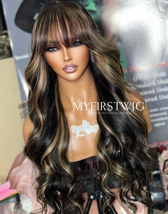 16-20 Inch Blonde Highlight with Bangs Wavy Glueless Human Hair Lace Wig / Closure Wig - SPE036