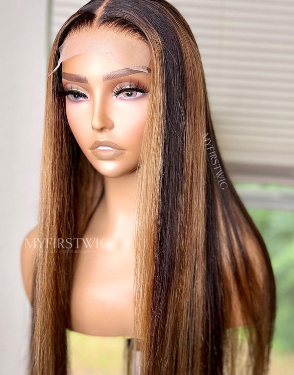 16-20 Inch Brown Highlight Straight Glueless Human Hair Lace Wig / Closure Wig - TDC002