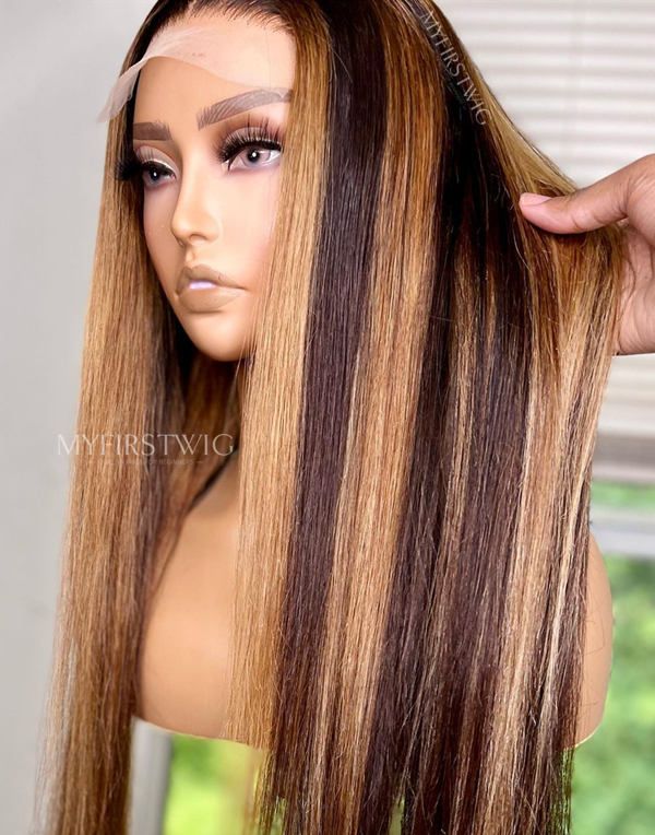 16-20 Inch Brown Highlight Straight Glueless Human Hair Lace Wig / Closure Wig - TDC002