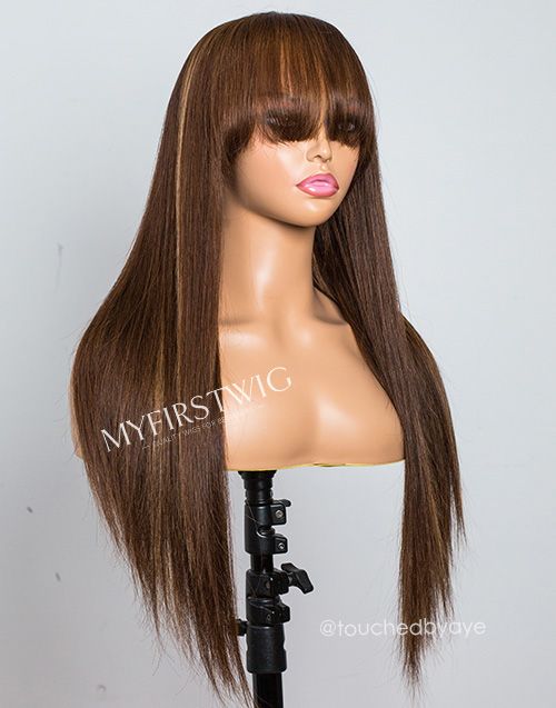 16-20 Inch Brown Highlight with Bangs Glueless Human Hair Lace Wig / Closure Wig -LFS011
