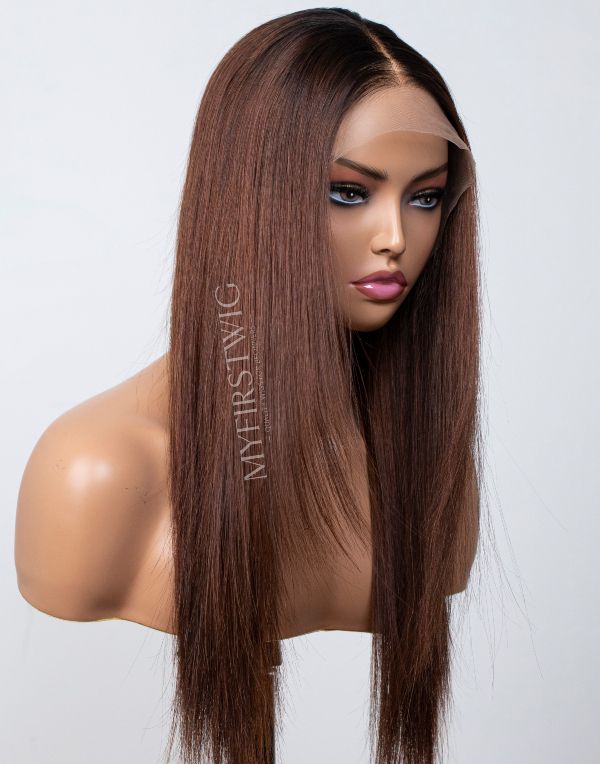 16-20 Inch Layered Brown Straight Glueless Human Hair Lace Wig / Closure Wig - Amena LFW081