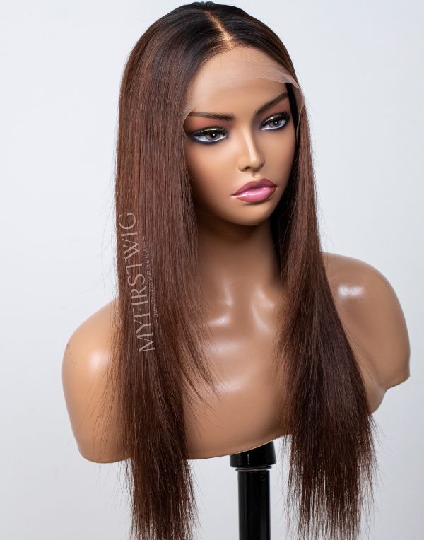 16-20 Inch Layered Brown Straight Glueless Human Hair Lace Wig / Closure Wig - Amena LFW081