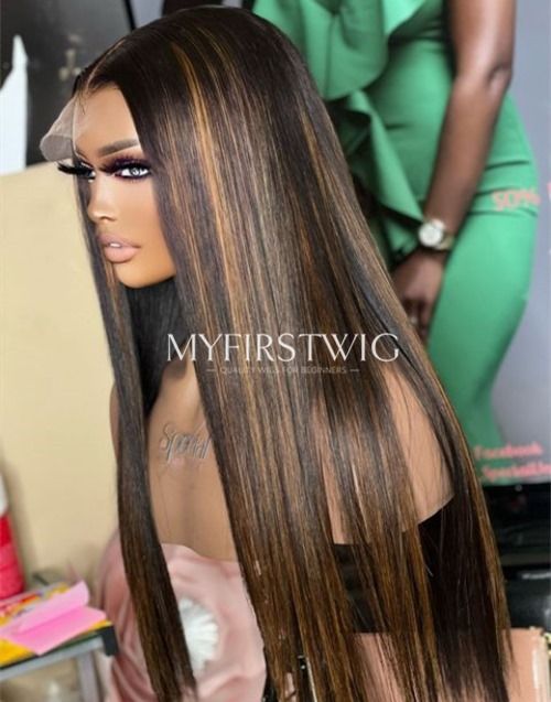 16-20 Inch Glueless Brown Highlight Human Hair Lace Wig / Closure Wig - SPE023