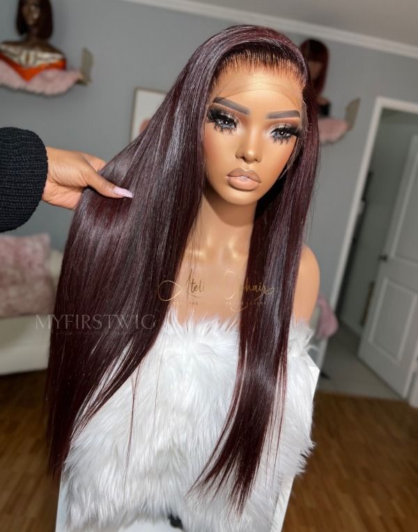 16-20 Inch Burgundy Straight Glueless Human Hair Lace Wig / Closure Wig - OPH032