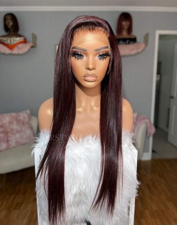 16-20 Inch Burgundy Straight Glueless Human Hair Lace Wig / Closure Wig - OPH032