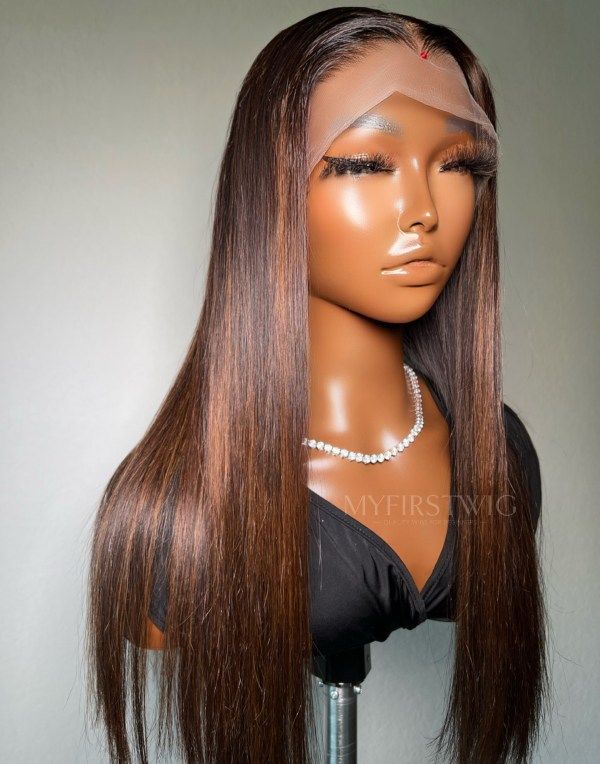 16-20 Inch Highlight Brown Long  Straight Glueless Human Hair Lace Wig / Closure Wig - DTS012
