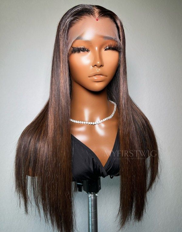 16-20 Inch Highlight Brown Long  Straight Glueless Human Hair Lace Wig / Closure Wig - DTS012