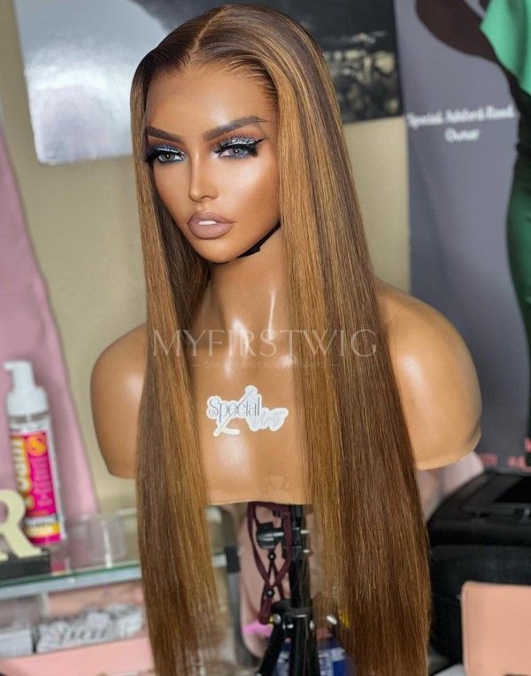 16-20 Inch Brown Highlight Straight Glueless Human Hair Lace Wig / Closure Wig - SPE057