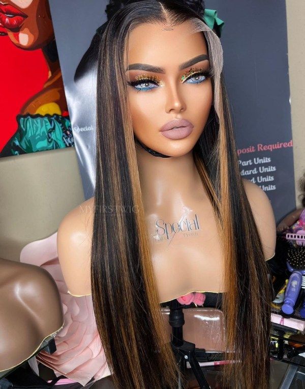 16-20 Inch Highlight Brown Straight Glueless Human Hair Lace Wig / Closure Wig - SPE075