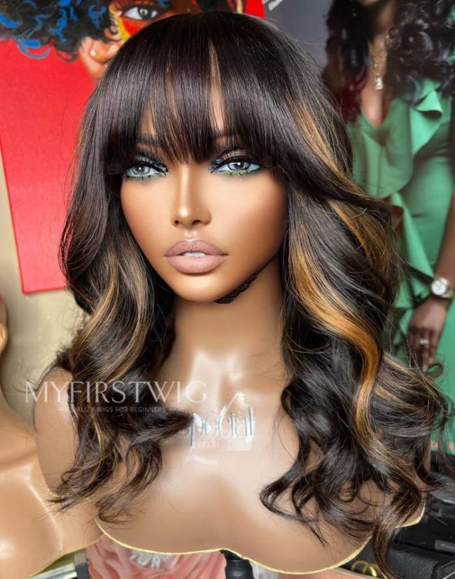 16-20 Inch Highlight with Bangs Wavy Glueless Human Hair Lace Wig / Closure Wig - SPE086