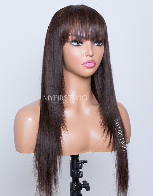 16-20 Inch Layered Dark Brown with Bangs Glueless Human Hair Lace Wig / Closure Wig - TBA004