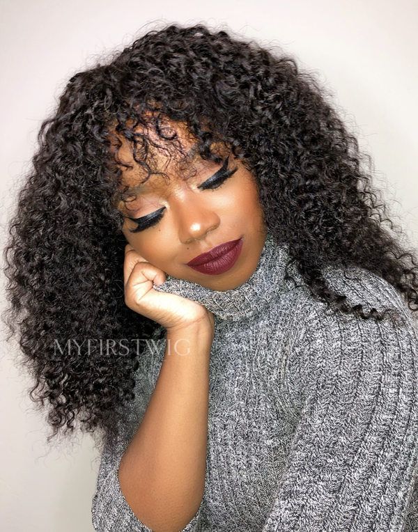 16-20 Inch Curly with Bangs Glueless Human Hair Lace Wig / Closure Wig - LFC017