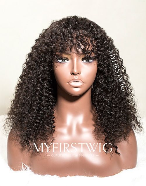 16-20 Inch Curly with Bangs Glueless Human Hair Lace Wig / Closure Wig - LFC017