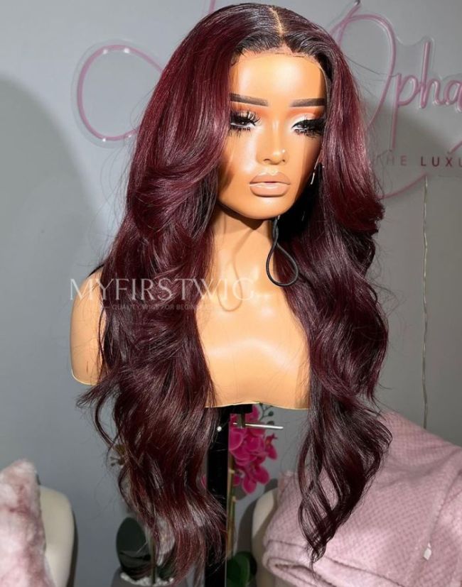 16-20 Inch Ombre Burgundy Wavy Glueless Human Hair Lace Wig / Closure Wig - OPH023