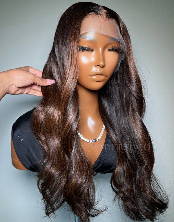 16-20 Inch Brown Highlight Wavy Glueless Human Hair Lace Wig / Closure Wig - DTS011