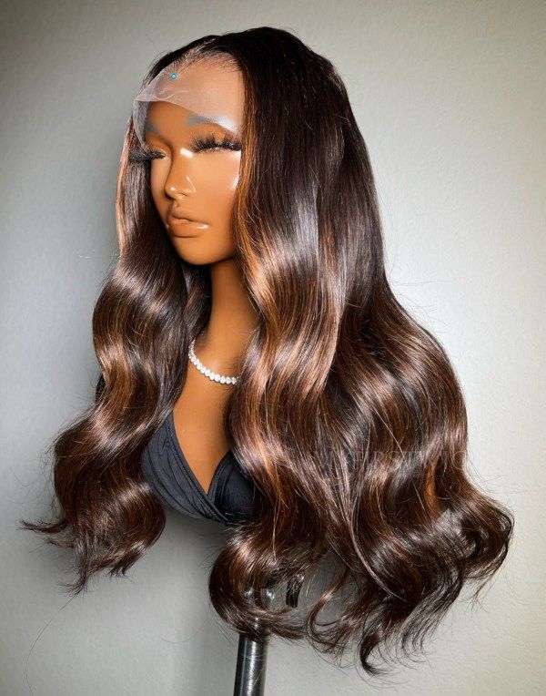 16-20 Inch Brown Highlight Wavy Glueless Human Hair Lace Wig / Closure Wig - DTS011