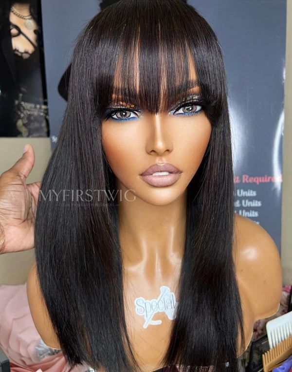 16-20 Inch Layered Straight With Bangs Glueless Human Hair Lace Wig / Closure Wig - SPE048