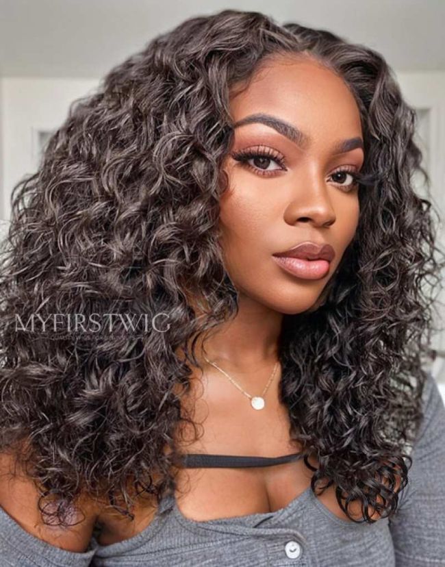 16-20 Inch Water Wave Curly Glueless Human Hair Lace Wig / Closure Wig - ANI8010