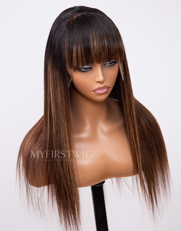 16-20 Inch Ombre Brown with Bangs Highlight Glueless Human Hair Lace Wig / Closure Wig - TBA021