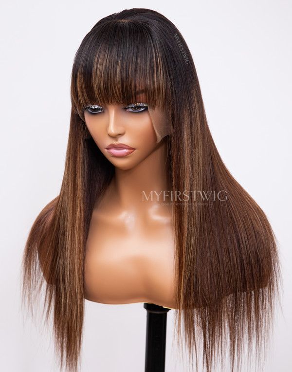16-20 Inch Ombre Brown with Bangs Highlight Glueless Human Hair Lace Wig / Closure Wig - TBA021