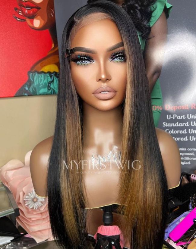 16-20 Inch Layered Ombre Brown Straight Glueless Human Hair Lace Wig / Closure Wig - SPE074