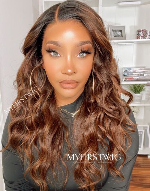 16-20 Inch Ombre Brown Wavy Glueless Human Hair Lace Wig / Closure Wig - Angelina LFW084