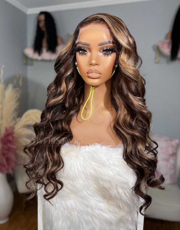 16-20 Inch Brown Highlight Wavy Glueless Human Hair Lace Wig / Closure Wig - OPH033