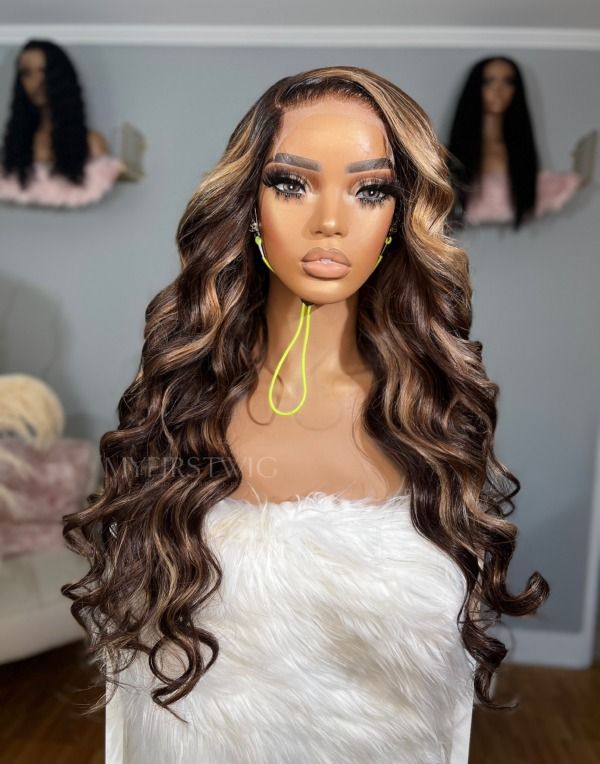 16-20 Inch Brown Highlight Wavy Glueless Human Hair Lace Wig / Closure Wig - OPH033