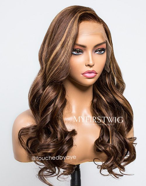 16-20 Inch Brown Highlight Wavy Glueless Human Hair Lace Wig / Closure Wig - TBA001