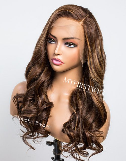 16-20 Inch Brown Highlight Wavy Glueless Human Hair Lace Wig / Closure Wig - TBA001