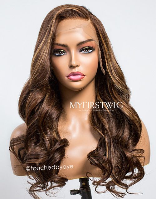 16-20 Inch Brown Highlight Wavy Glueless Human Hair Lace Wig / Closure Wig - TBA001