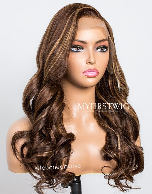 16-20 Inch Brown Highlight Wavy Glueless Human Hair Lace Wig / Closure Wig - TBA001