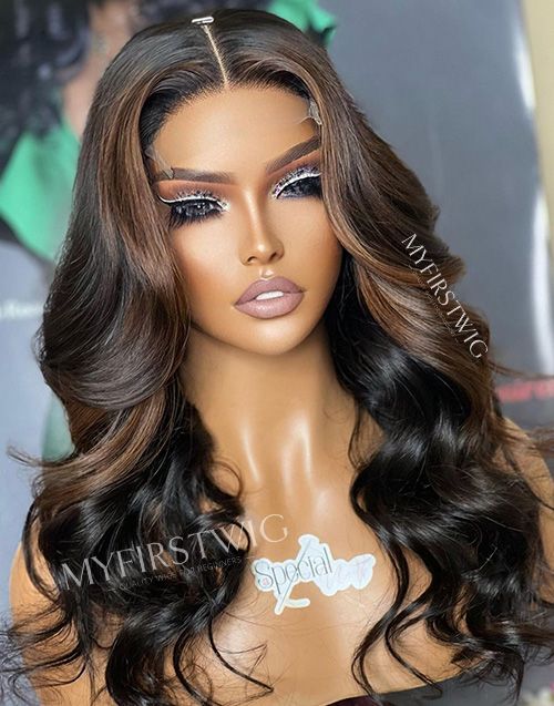 16-20 Inch Brown Highlight Wavy Glueless Human Hair Lace Wig / Closure Wig - SPE007