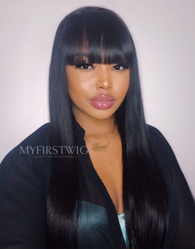 4x4" Closure Wig 16-20 Inch Long Straight with Bangs Glueless Human Hair Lace Wig - FL4424