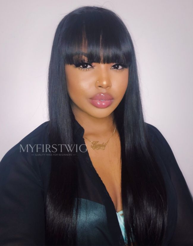 5x5 Closure Wig Straight With Bangs UK Glueless Human Hair Wig 16 24 Inch LFW018