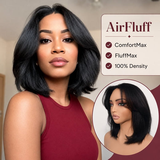 AirFluff Kinky Straight Texture With Curtain Bangs Fringe Bob Invisible Lace Glueless Human Hair Wig - MAI011