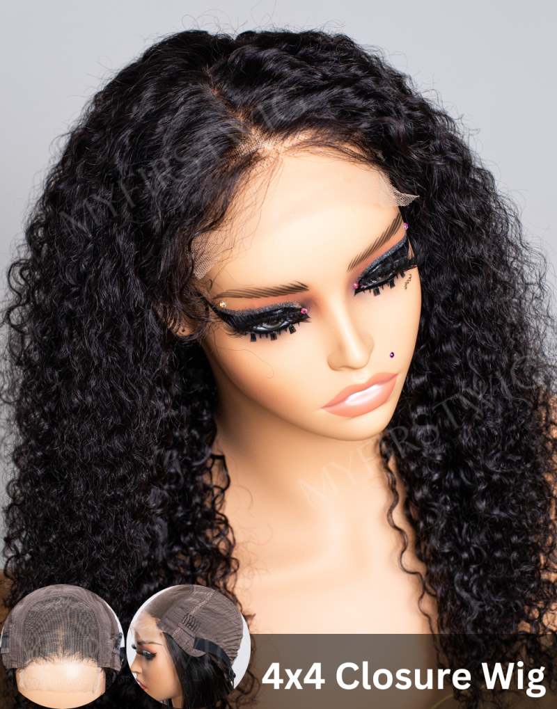 4x4" Closure Wig 18-20 Inch Deep Wave Long Curly Human Hair Glueless Invisible Lace Wig - FL4451