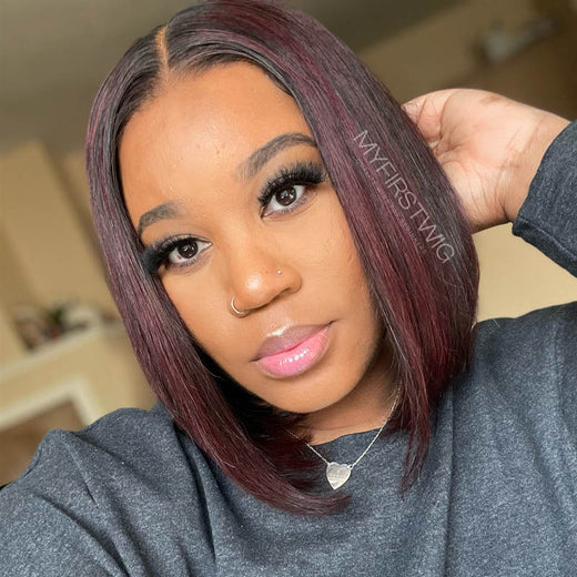Deisha - Human Hair Burgundy Highlight Hair Bob Lace Front Wig - LFB011