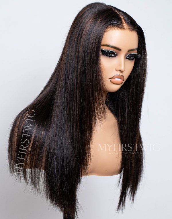 Layered Brown Highlight Straight Glueless Human Hair Invisible Lace Wig - APRIL003