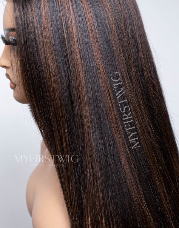 Layered Brown Highlight Straight Glueless Human Hair Invisible Lace Wig - APRIL003
