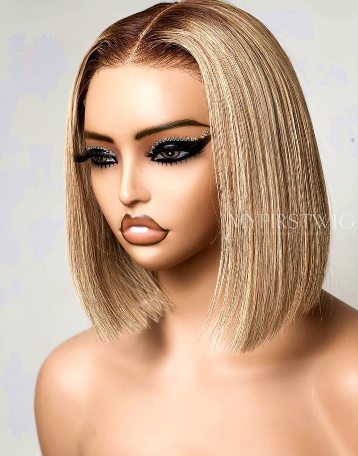 Blonde Blunt Cut Bob Glueless Human Hair Invisible Lace Wig - APRIL001