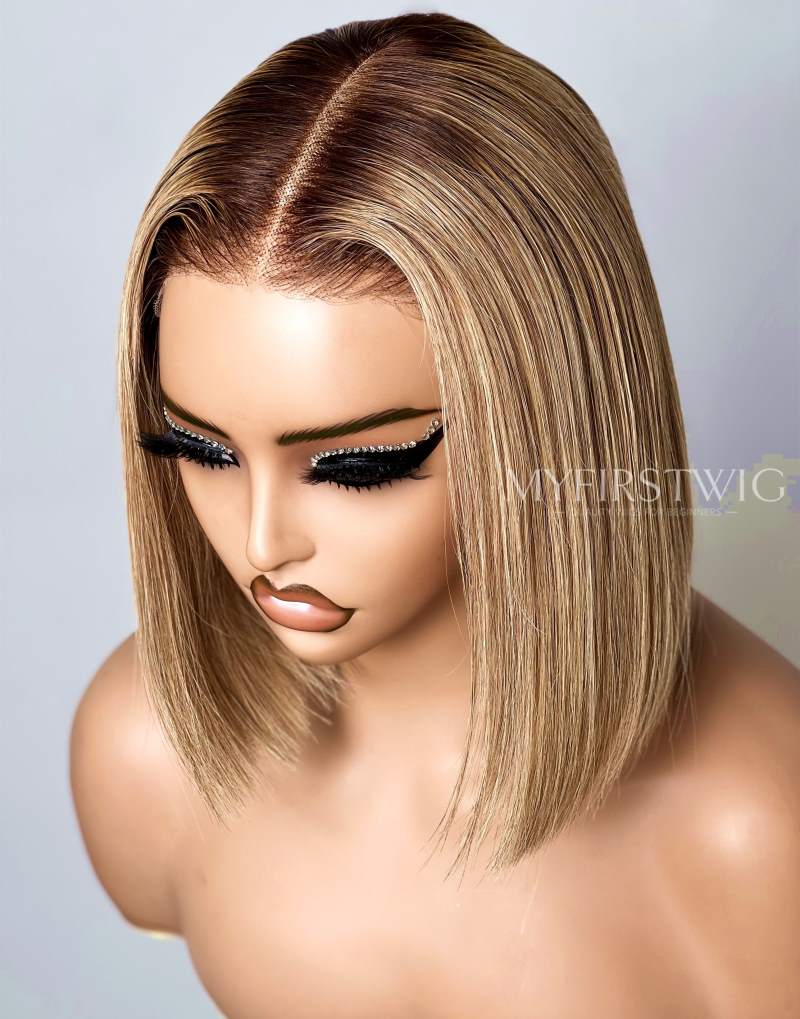 Blonde Blunt Cut Bob Glueless Human Hair Invisible Lace Wig - APRIL001