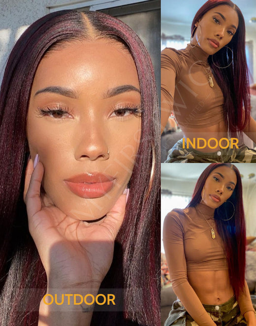 Glueless Malaysian Human Hair Yaki Straight With Burgundy Highlight Lace Front Wig - YAKI010