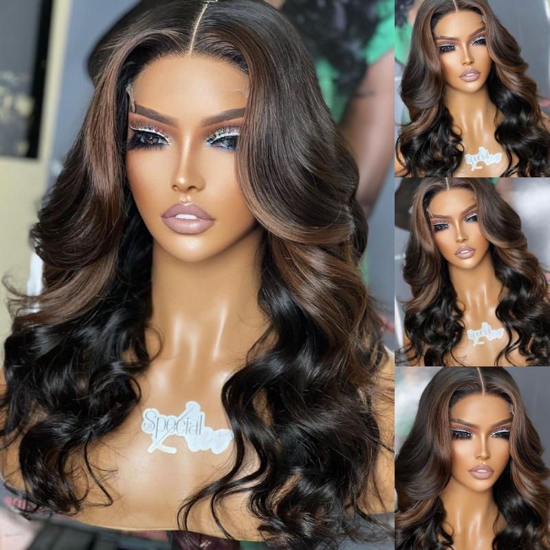 Aspecialunit-Malaysian Hair Brown Highlight Wavy Glueless Lace Front Wig - SPE007