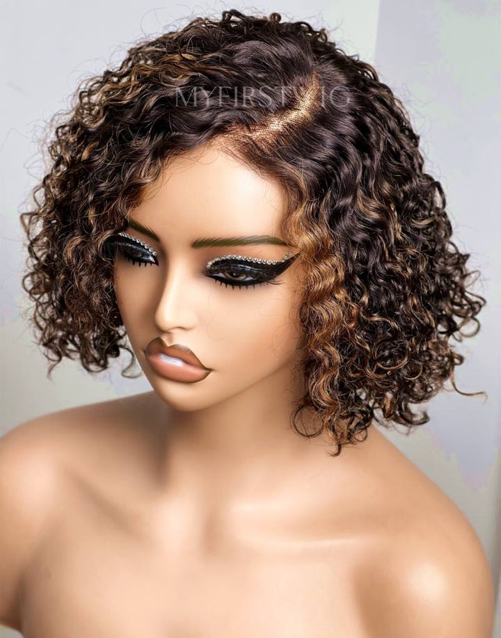 Brown Highlight Short Curly Glueless Human Hair Invisible Lace Wig-APRIL005