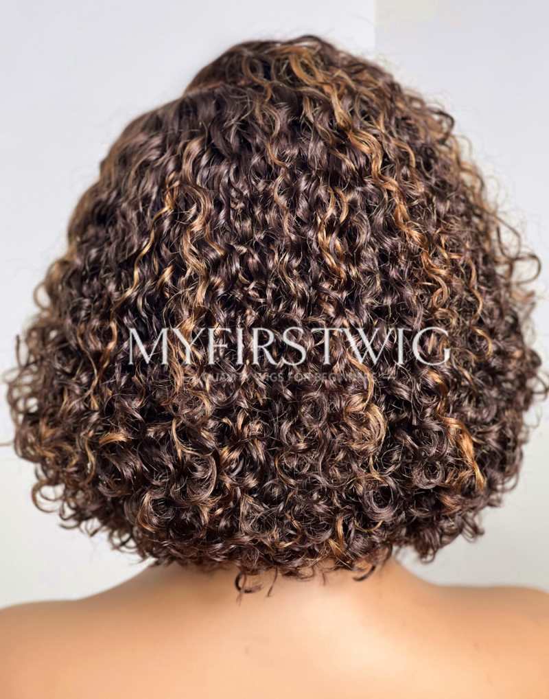 Brown Highlight Short Curly Glueless Human Hair Invisible Lace Wig-APRIL005