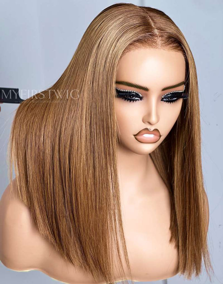 Honey Blonde Straight Long Bob Glueless Human Hair Invisible Lace Wig - APRIL002