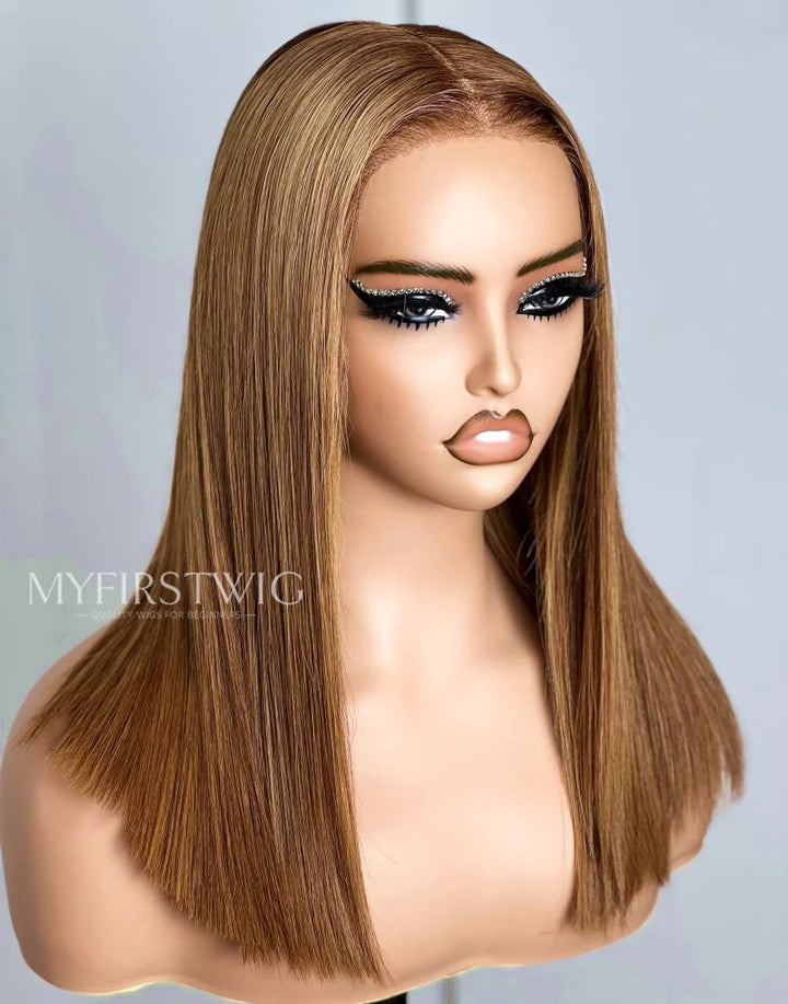 Honey Blonde Straight Long Bob Glueless Human Hair Invisible Lace Wig - APRIL002