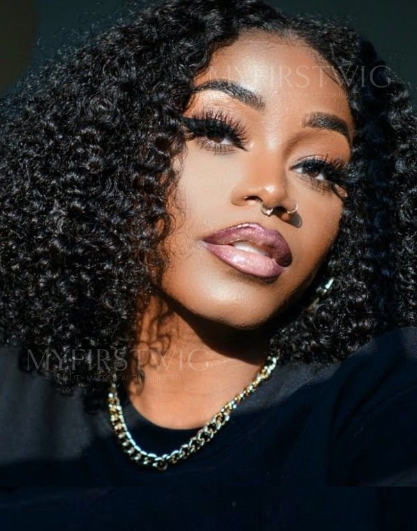 Laurasia - Middle Part Short Curly Glueless Human Hair Lace Front Wig - LFC004